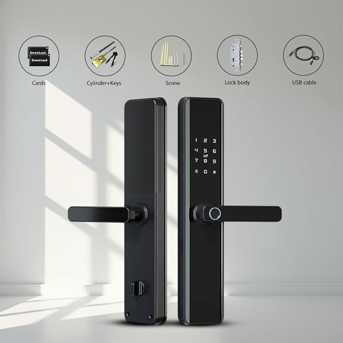 Smart Door Lock with Handle – Keyless Entry Deadbolt with Fingerprint, Touchscreen Keypad, Tuya App Control, Passcode & Key, Doorbell, Auto Lock Electronic Front Door Lock for Home Security, Black