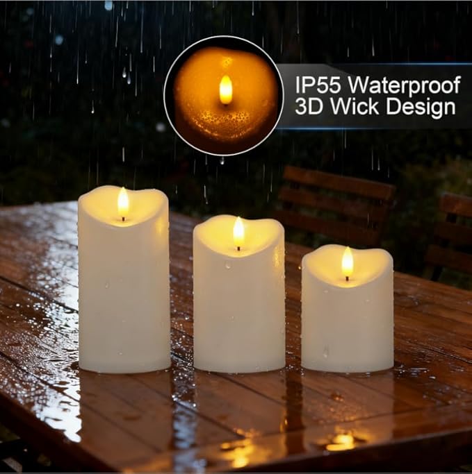 Raycare Outdoor Waterproof Flameless Candles with Remote and Timer, Battery Operated LED Electric Fake Pillar Candle for Christmas Home Wedding Decor, Ivory White, Set of 3