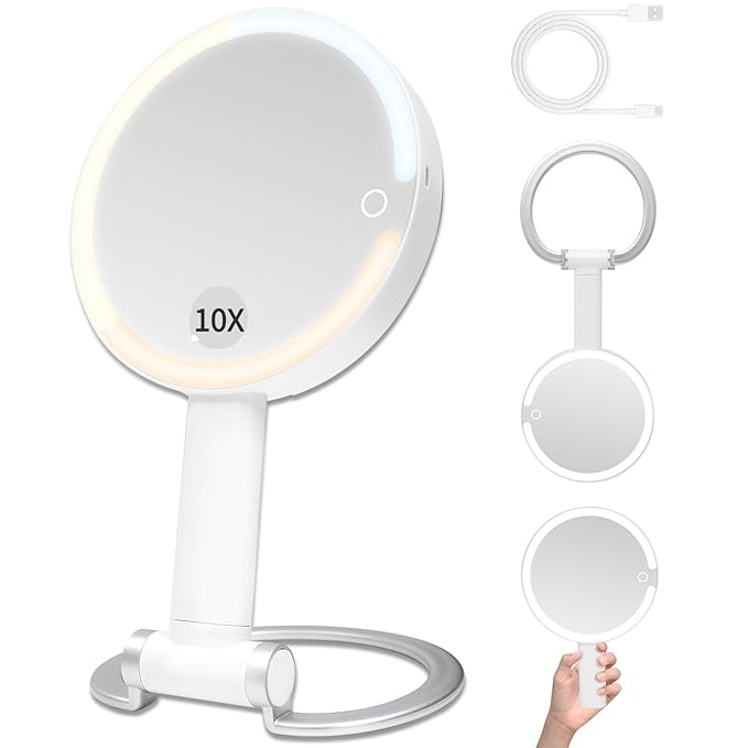 Portable Travel Makeup Mirror with Lights - 3 Color Dimmable Lighting, 360° Rotation, Rechargeable Double-Sided 1X/10X Magnifying Mirror, Adjustable Brightness for Tabletop, Home & On-the-Go Use