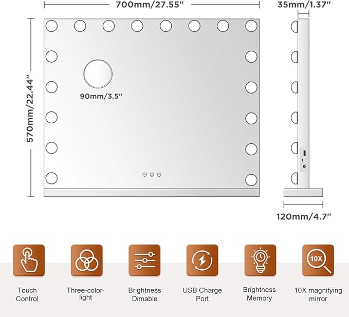 M MIVONDA Hollywood Vanity Mirror with 18 Bulbs Lights, Large Lighted Makeup Mirror for Desk and Wall, Dimmable 3 Lighting Modes, Plug-in & USB Charger Port, White