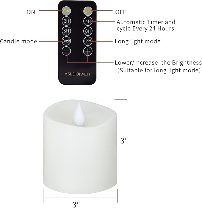 3x3 Flameless Candles Set of 1, 2AA Battery Life 600 Hours Battery Candles Flickering with Timer, 3 inch Flameless Candles with Remote for Indoor/Outdoor, White
