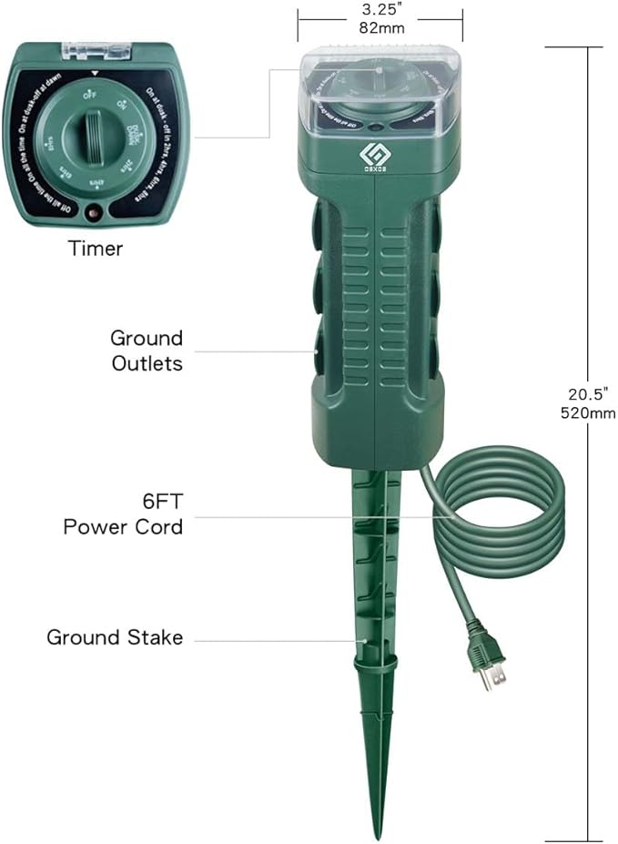 Outdoor Power Stake with Photocell Timer 2/4/6/8 Hour Countdown, Dusk to Dawn, 6 Grounded Outlets 6FT Cord, UL Listed, Green