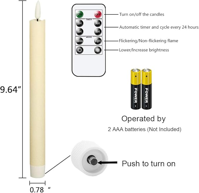 GenSwin LED Taper Candles Flickering with Remote Timer, Battery Operated Taper Flameless Candles with 3D Wick Real Wax Window Candlesticks Pack of 2 for Home Wedding Decor(Ivory, 0.78 x 9.64 Inch)