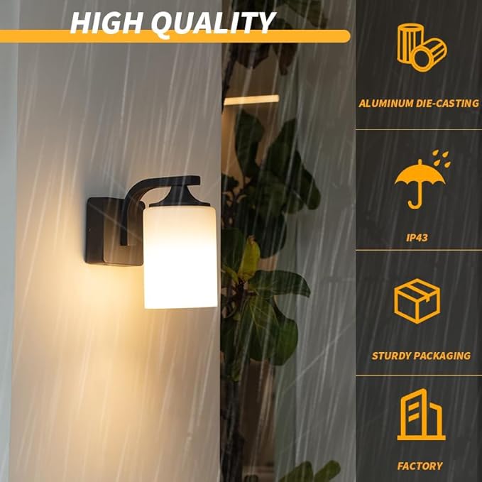Outdoor Wall Lamp, Waterproof and Anti-Rust Aluminium Modern Wall Light Fixture Milk Glass Indoor for Outside,Garden, Matt Black