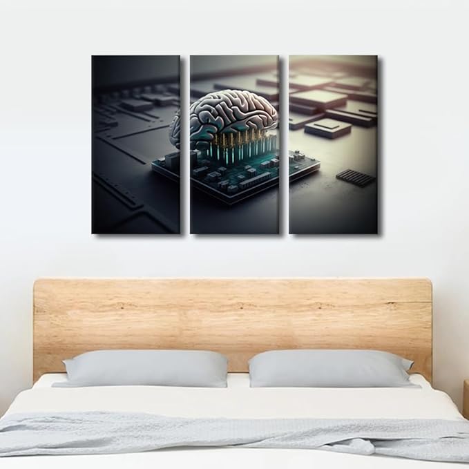 TUMOVO Bedroom Wall Decor 3 Pieces Canvas Wall Art Brains and Computer Chips Pictures for Home Decoration, Human Cyborg Brain Being Prints and Poster Framed Ready to Hang, 36" Wx24 H