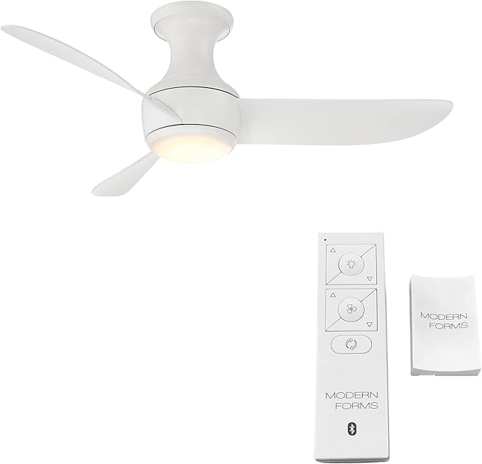 Corona Smart Indoor and Outdoor 3-Blade Flush Mount Ceiling Fan 44in Matte White 3000K LED Light Kit and Remote Control works with Alexa, Google Assistant, Samsung Things, and iOS or Android App