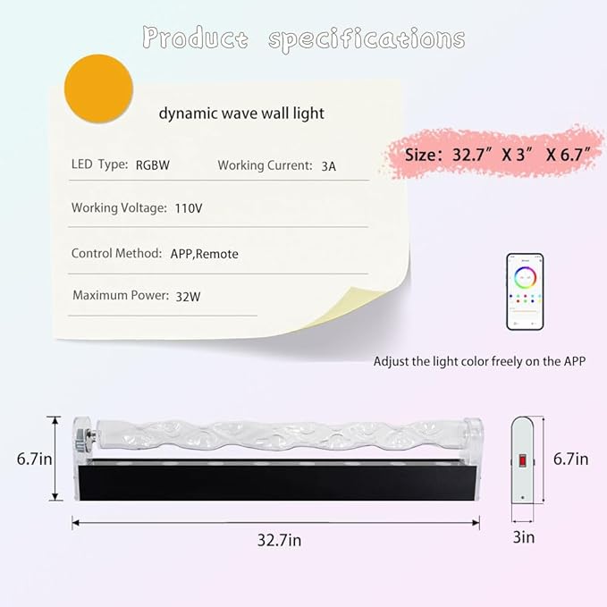 RGBW Ocean Wave Light 32.7'' Dynamic Wave Projector Lamp, APP & Remote Control Ambient Wave Wall Light, Led Waterfall with Music Sync, Aurora Visual for Living Room, Bedroom