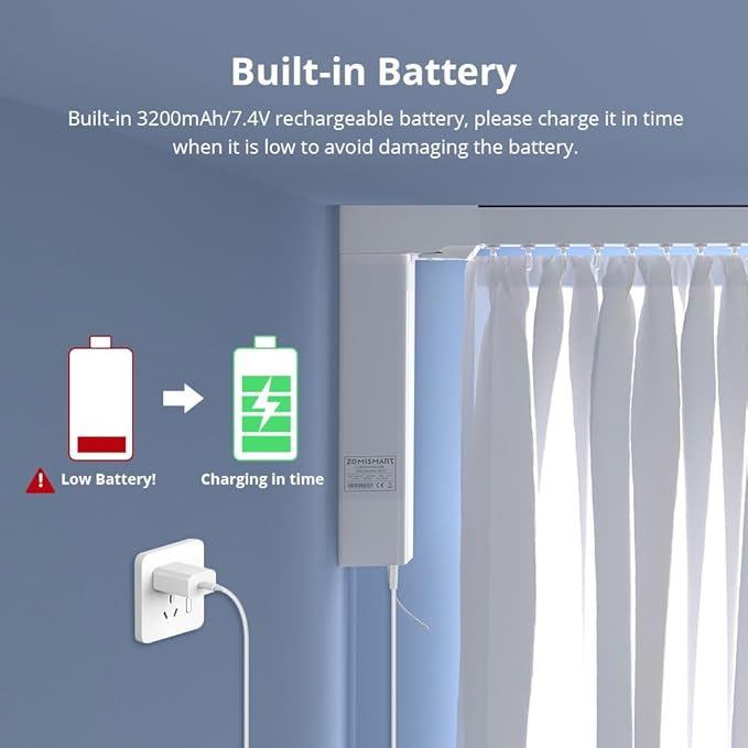 Tuya Zigbee Smart Curtain Motor with Motorized Curtain Track, Built-in Battery Electric Curtains, App & Voice Control Compatible with Alexa/Google Home, RF Remote Control Included (3.1m(122inch))