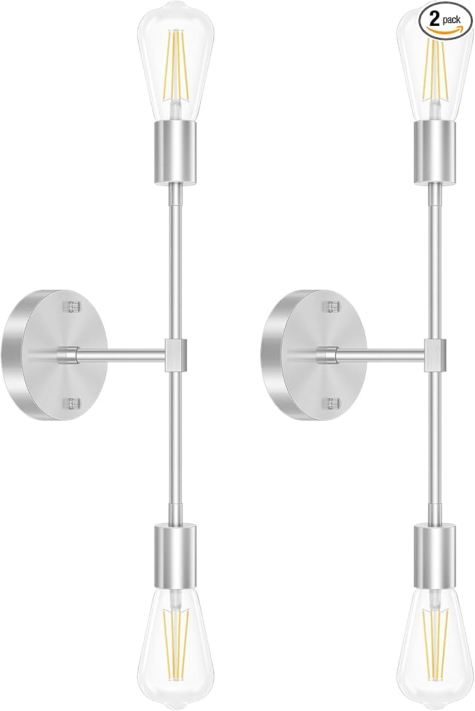 FadimiKoo 2-Light Brushed Nickel Bathroom Vanity Light, Silver Bathroom Wall Sconce Modern Wall Mounted Lamp Indoor Vintage Wall Sconces for Powder Room Hallway Cabinet (2 Pack)