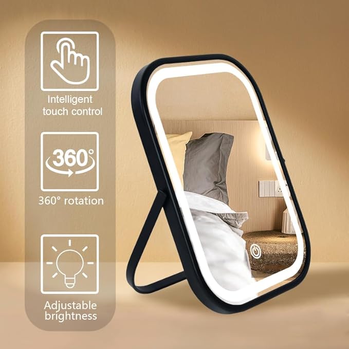 Travel Mirror with Lights, Small LED Makeup Mirror with Lights,Portable Desk Mirror 1200mAh Battery,3 Color Modes,Dimmable Touch Screen, Tabletop Folding Compact Mirror,Women Gift