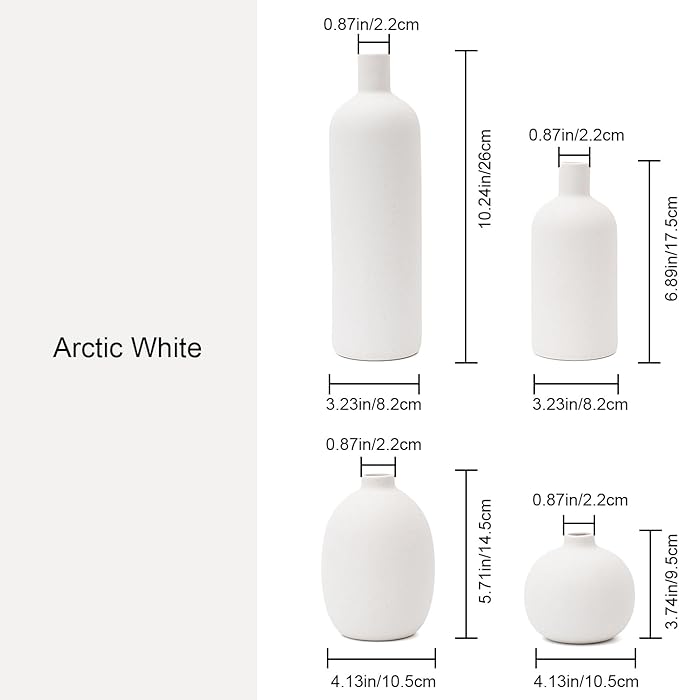 Ceramic Vase Set of 4, Modern Minimalist Colors Home Decor, White Decorative Flowers Vases for Bouquet, Pampas | Table Mantel Centerpiece Bookshelf Living Room Bedroom (White Set of 4)