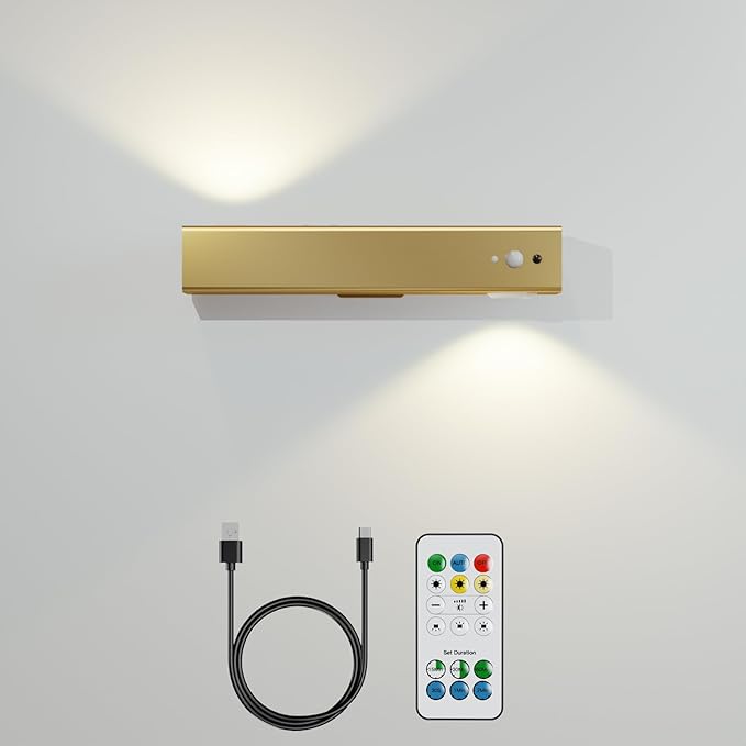 Motion Sensor Wall Light with Remote Control, Rechargeable Magnetic Wall Light, Wireless Motion Sensor Light Indoor Suitable for Hallway Light Room LED Night Light -1 Pack Brass