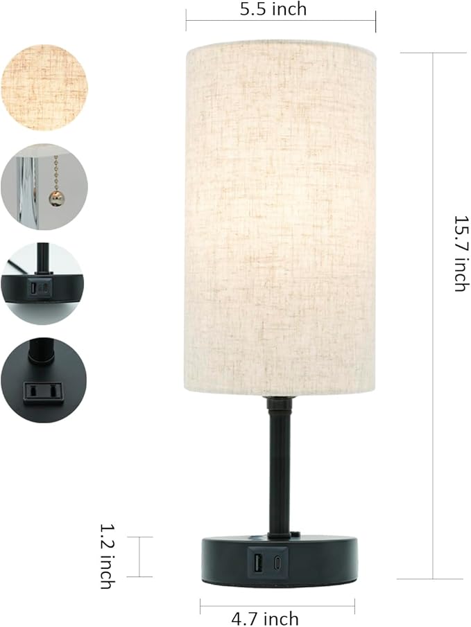 Smart Table Lamp Work with HomeKit, Siri, Alexa, Google Assistant, Smart Beside Nightstand Lamp with AC Outlet & USB A+C Charging Ports, Ambiance Color Changing Bed Table Lamp for Bedroom