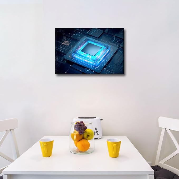 TUMOVO Framed Canvas Wall Art Cyberpunk AI Painting CPU Concept Pictures 1 Panel Computer Chip Wall Art Modern Wall Decor for Living Room Bedroom Giclee Posters and Prints, 18x12in