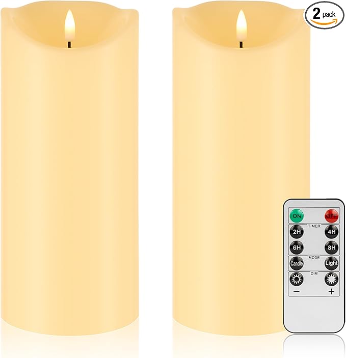 Mingfuxin Outdoor Flameless Candles with Remote - 9“×4” Large Waterproof Battery Operated Candles with Timer, Flickering LED Pillar Candle for Indoor Outdoor Larterns, Porch, Long Lasting, Set of 2