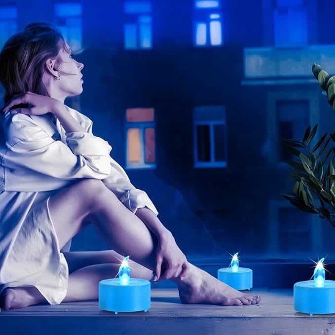 Battery Operated Flameless Tea Lights Candles-LED Flickering Votive lamp Long Lasting 200 Hours,24 Pack Realistic and Bright for Seasonal Festive Celebrations Decoration(Blue)