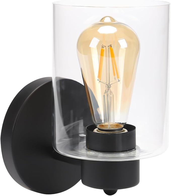 Kalium Wall Sconces, Matte Black Vanity Light Fixtures, Indoor Wall Lights with Clear Glass Shade, Hardwired Farmhouse Wall Lamp for Bedroom Living Room Bathroom (E26 Base 1pcs)