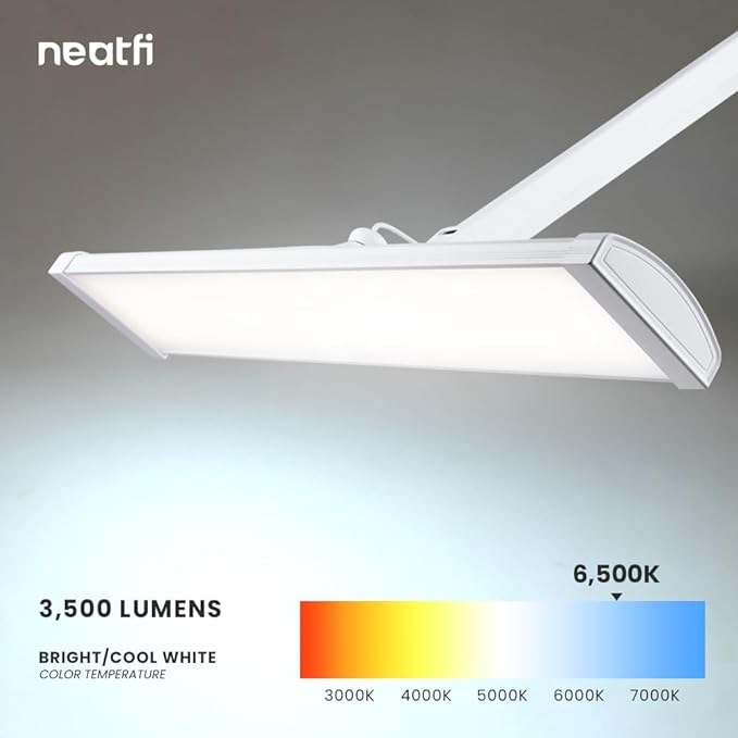 Neatfi Ultra 3,500 Lumens LED Desk Lamp – 45W, 26” Wide Metal Shade, 270 SMD LEDs, Shadow-Free | Adjustable Brightness | Non-Flickering Task Light for Nail, Craft & Office (Non-CCT with Base, White)