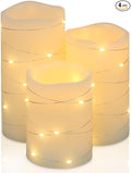 H-BLOSSOM Flickering Flameless Candles Ivory Real Wax Pillar with Embedded String Lights LED Candles Battery Operated with Cycling 5H Timer Set of 3 (3" x 4"/5"/6") (Ivory)
