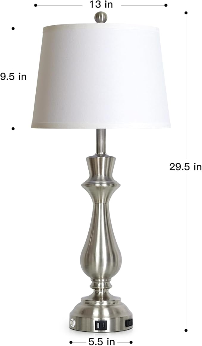 Silver Touch Lamps for Night Stands Set of 2-29.5" Tall Bedside Lamp with USB C+A, 3 Way Dimmable Bedroom Lamps, Brushed Nickel Table Lamps for Living Room