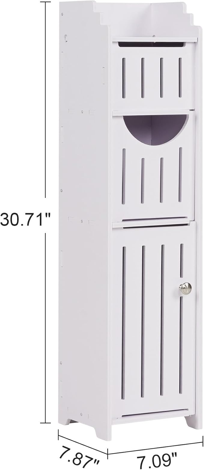 VECELO Bathroom Cabinet, Small Storage Cabinet with Toilet Paper Scroll,Corner Cabinet with Farmhouse Style Door for Bathroom Narrow Corner Space,Pearl White