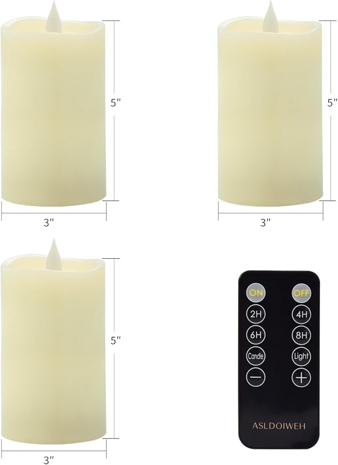 3" x 5" Flameless Candles Set of 3, 2AA Battery Life 600 Hours Battery Candles Flickering with Timer, 5 inch Flameless Candles with Remote for Indoor/Outdoor, Ivory