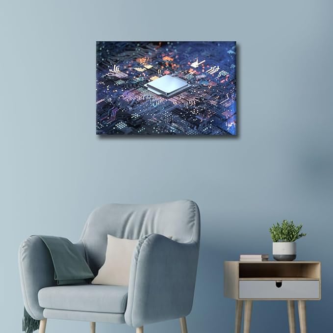 TUMOVO Canvas Wall Art for Bedroom Technology Digital Art Wall Paintings for Living Room CPU Concept Office Modern Wall Art Pictures Print On Canvas Giclee Framed Ready to Hang, 24x16in