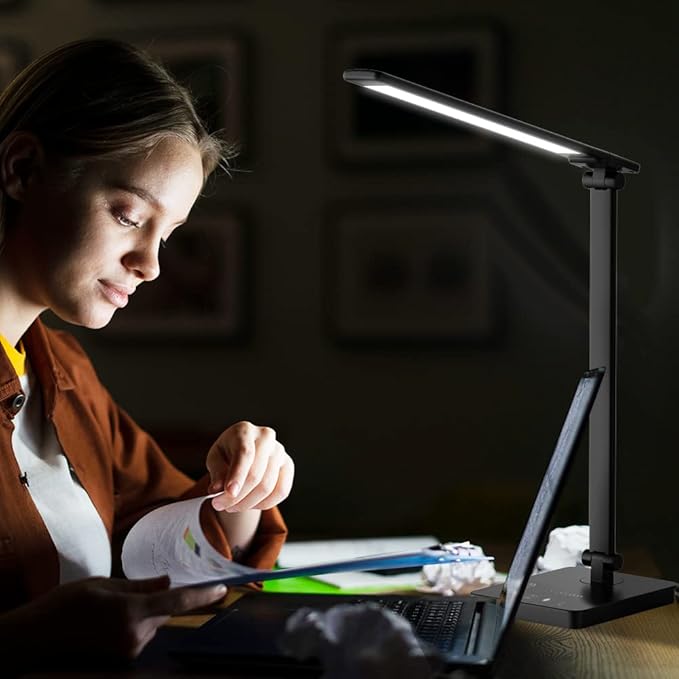 Desk Lamp Eye-Caring LED Table Lamp Dimmable Bedside Lamp with 2 USB Charging Ports and 10 Brightness Levels x 5 Colour Modes Touch Control Daylight Lamp for Office, Bedside, Reading- Auto Timer