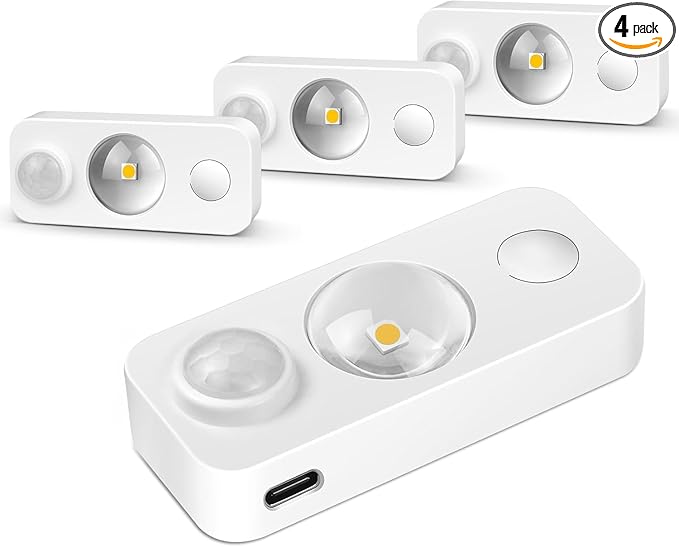 LED Motion Sensor Puck Lights, Rechargeable Under Cabinet Lighting Wireless Daylight White, Dimmable Night Light, Under Counter Lights for Kitchen, Display Shelf, Closets (4 Pack)