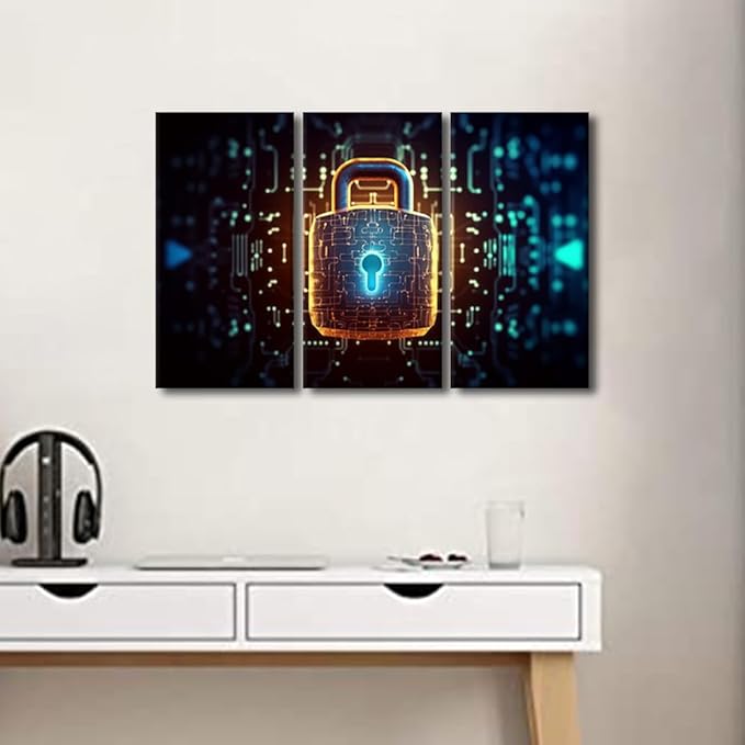 TUMOVO 3 Panel Wall Paintings for Living Room, Padlock with a Glowing Light at the Top Cybercrime Concept Posters and Prints for Home Office Wall Decorations, Framed Ready to Hang, 36" Wx24 H