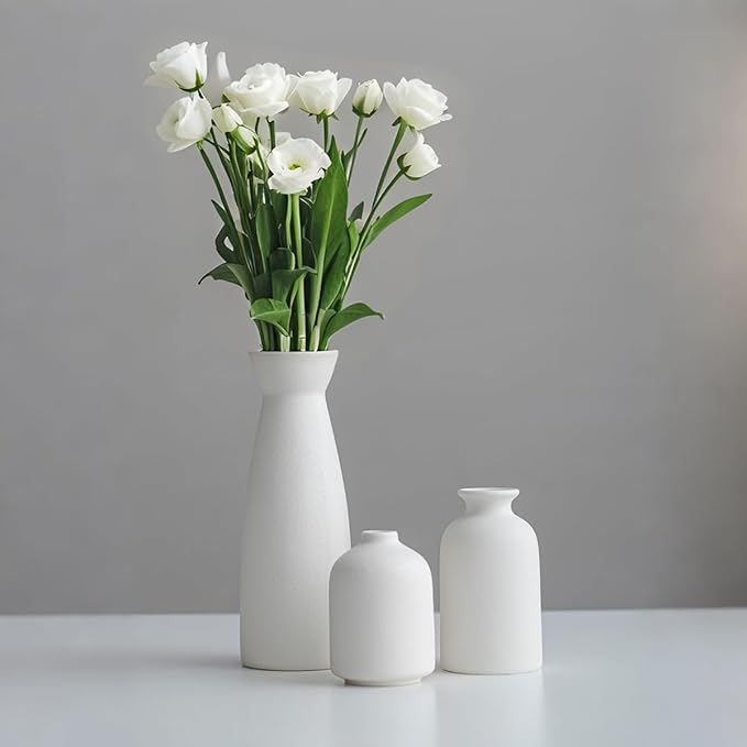 Distressed Ceramic Vase Set of 3, Modern Bohemian Farmhouse Home Decor, Pampas Grass Dried Flowers Vases for Living Room, Dining Room, Bedroom, Kitchen, Bathroom, Office, Entryway (White)
