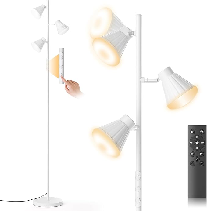 36W LED Tree Floor Lamp, Dimmable Tall Standing Lamp with Remote & Touch Control, 4 Color Temperatures Bright Floor Lamp, 3 Rotatable Light Modern Floor Lamps