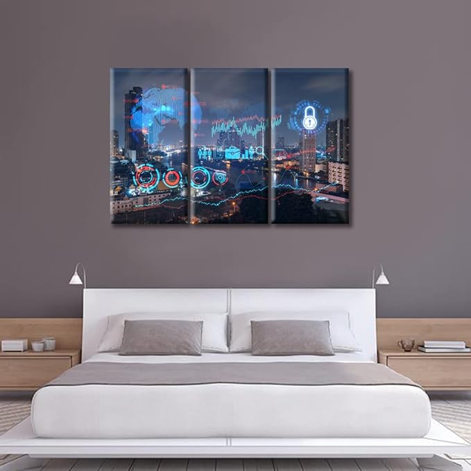 TUMOVO Smart City and Information Technology Abstract Canvas Wall Art 3 Panel Hologram Pictures Wall Decor for Bedroom Print on Canvas Framed Ready to Hang (42" Wx28 H)