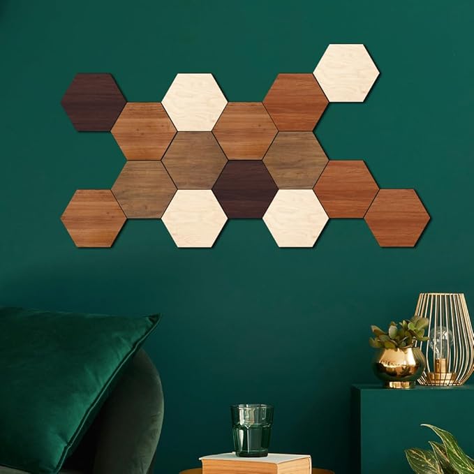 Wooden Multi Color Wall Art Decals, 15 PCS 3D Hexagon Wall Tiles for Office, Living Room, Bedroom, Home