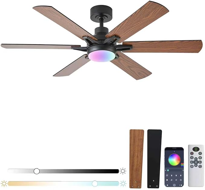 52in Ceiling Fans with Lights RGB Ceiling Fan with Light and Remote/APP Control,Low Profile Ceiling Fans with Lights for Bedroom,Living Room,Kids Room,3CCT Dimmable Modern Ceiling Fan, 6 Speeds,Brown