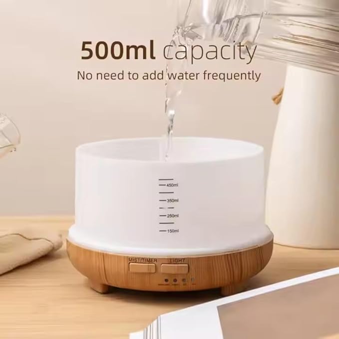 500ml Home/Office Aroma Diffuser, Essential & Fragrant Oil Vaporizer with Multi-Color Lighting for Night Stand, Desk, Table, Remote Control, Timer & Auto-Off Switch, Brown, Premium