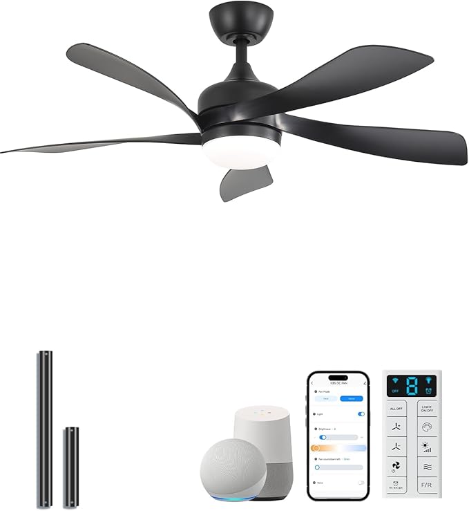 Sofucor 45" Smart Ceiling Fan, Indoor/Outdoor Black Ceiling Fans with Lights and Remote, Works with Alexa/Google/App, 3-Color Light 6-Speed Timing Reversible DC Motor for Bedroom Living Room Patio