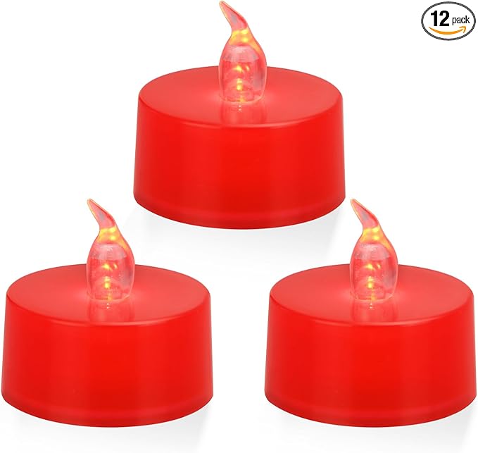 KOABY 12 Pack Red Light Non-Flickering Flameless Tea Lights, Red Base, Last 100H+, Battery Operated Tea Lights for Décor