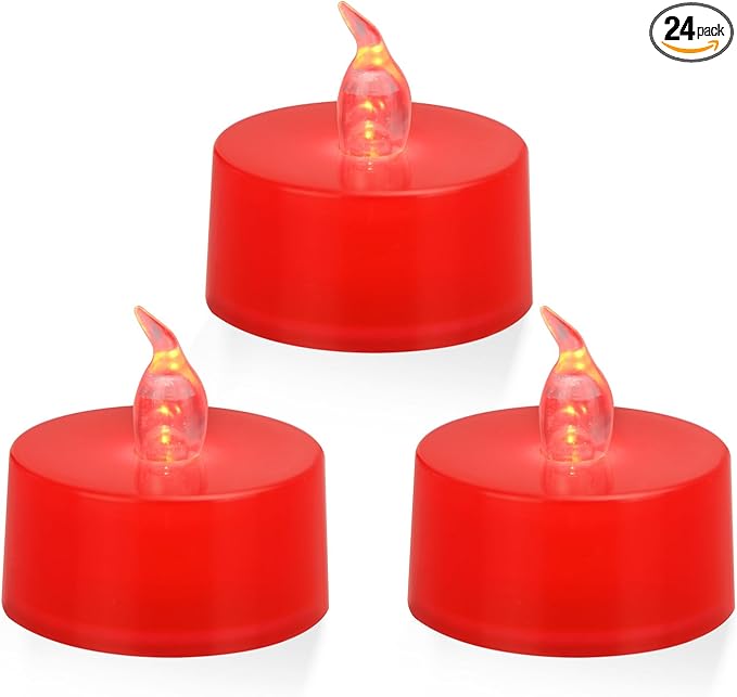 KOABY 24 Pack Red Light Non-Flickering Flameless Tea Lights, Red Base, Last 100H+, Battery Operated Tea Lights for Decor