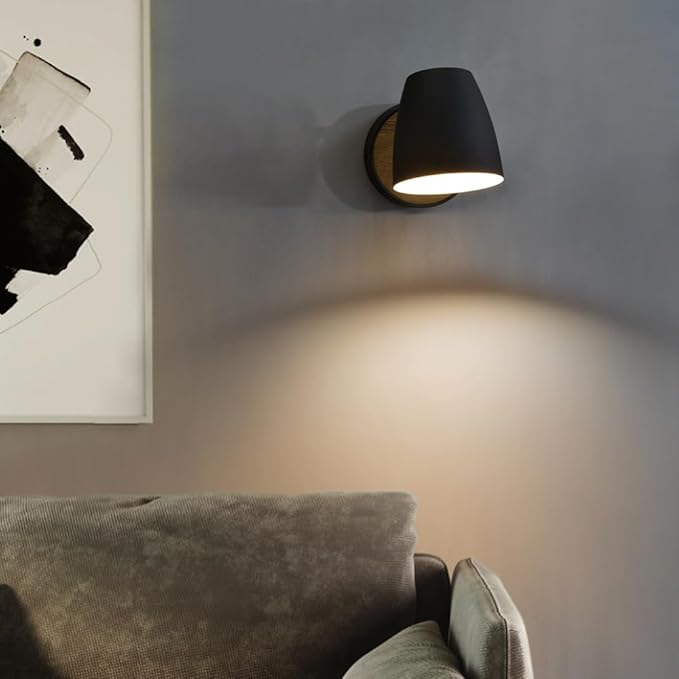 Hardwired Wall Sconce with Switch,Modern Black and Wood Wall Lights for Bedroom with 350°Rotation Metal Shade,Indoor E26 Wall Lamp for Living Room,Dining Room,Hallway,Stairway,Wall Decor