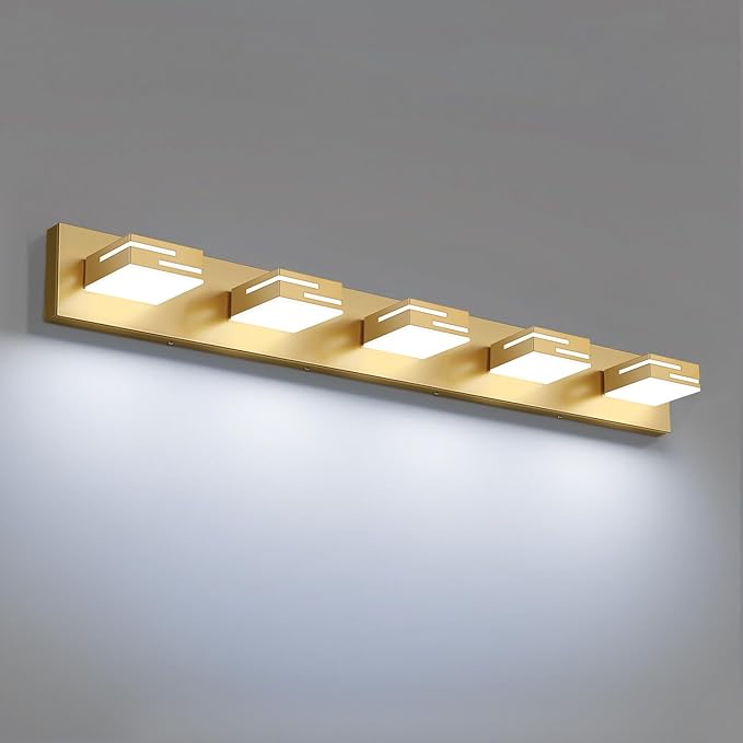 LED Modern Bathroom Vanity Light Fixtures, 5-Light 34-inch Dimmable Gold Vanity Lights for Bathroom Lighting Fixtures Over Mirror, with 350° Rotatable Heads (Cool White 6000K)