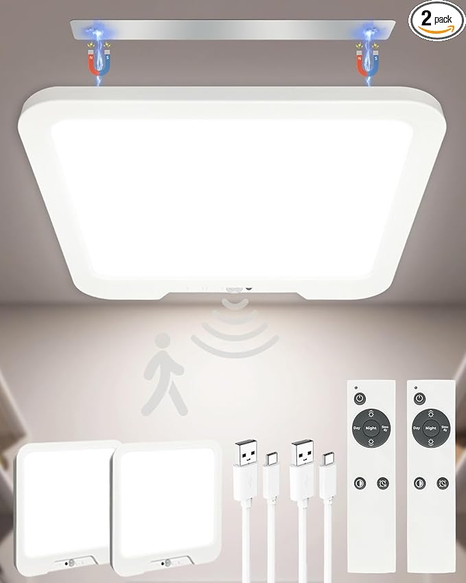 2 Pack Rechargeable Motion Sensor Ceiling Lights with Remote, Dimmable Magnetic Mount Closet Light, 7000mAh Battery Operated LED Shower Light, 3 Color Temperatures for Bathroom, Stairs, Hallway,Garage