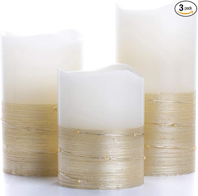 BeMoment Flickering Flameless Candles with Timer, Battery Operated Candle Embedded String Lights, Gold Paint Finish, Ideal for Home Decor, Holidays, and Festivals, 3pcs (D 3" x H 4" 5" 6")