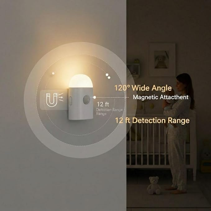 Motion Sensor LED Night Lights Warm White with Adjustable Brightness Rechargeable Battery, with Hook and Stick-On for Cabinet, Wardrobe,Closet,Hallway, Stairs (1 Pack)