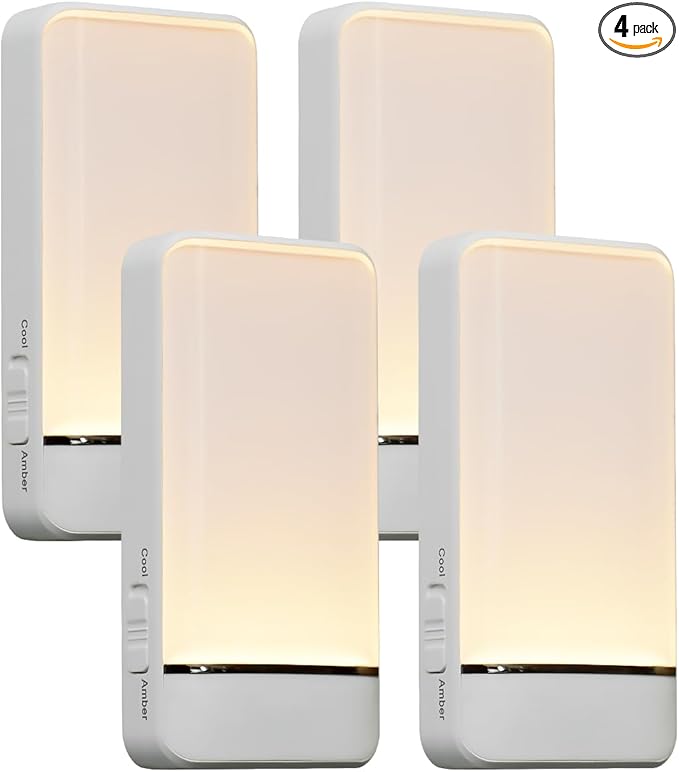Dawnrise Night Lights Plug into Wall, Invisible Motion Sensor Night Light, Soft Warm or Cool White Selectable, Brightness Adjustable, LED Night Lights for Bedroom, Bathroom, Stairs, Hallway, 4 PK