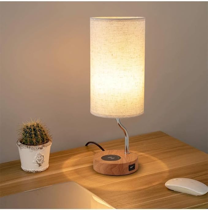 Set of 2 Smart Bedside Table Lamp with Wireless Charger & USB Port - Touch Control LED Desk Lamp for Bedroom, Dimmable Wooden Nightstand Lamp with Fabric Shade for Living Room, Kid's Room, (Cream)