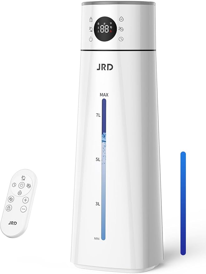 JRD Humidifier Large Room 8L/ 2.1Gal, Ultrasonic Cool Mist for Bedroom, Quiet Humidifier with Remote Control, 10 Mist Modes, 24H Timer, Night Light, AI Mode, 40H Run for Home Office（Grey）