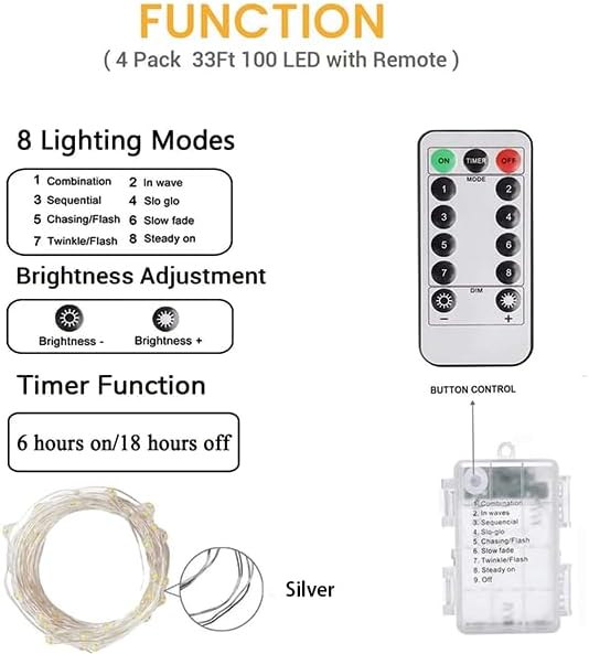 6 Pack 100 LED Fairy Lights Battery Operated with Remote, 33FT Waterproof Twinkle Lights with Timer & 8 Modes, Fairy String Light Outdoor Indoor for Bedroom Classroom DIY Christmas Decor (Cool White)