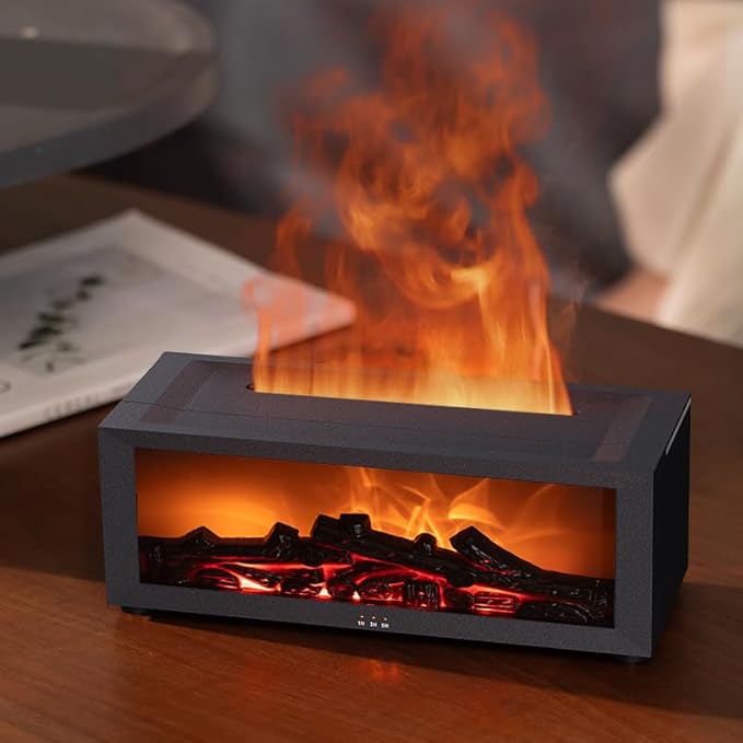Essential Oil Diffuser, Fireplace Flame Oil Diffuser - Aromatherapy Aroma Humidifier, Upgrade 7 Colors Noiseless Remote Control - Perfect for Bedroom Home Office (150ml Fireplace Flame, Black)