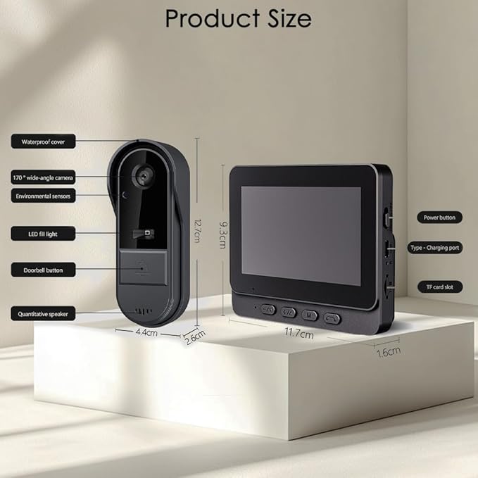 Doorbell Camera Wireless No Subscription 1080P, Waterproof Door Bell Camera with Monitor Screen Free Storage NO WiFi and APP Needed, Video Intercom Two-Way Audio, 170° View Angle,Night Vision
